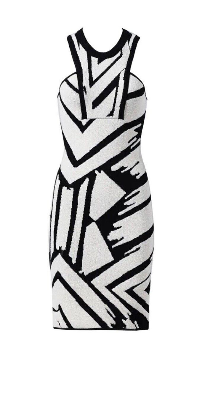Ronny Kobo Jordi Sheath Dress Women’s Medium Black Printed Jacquard Stretch EUC